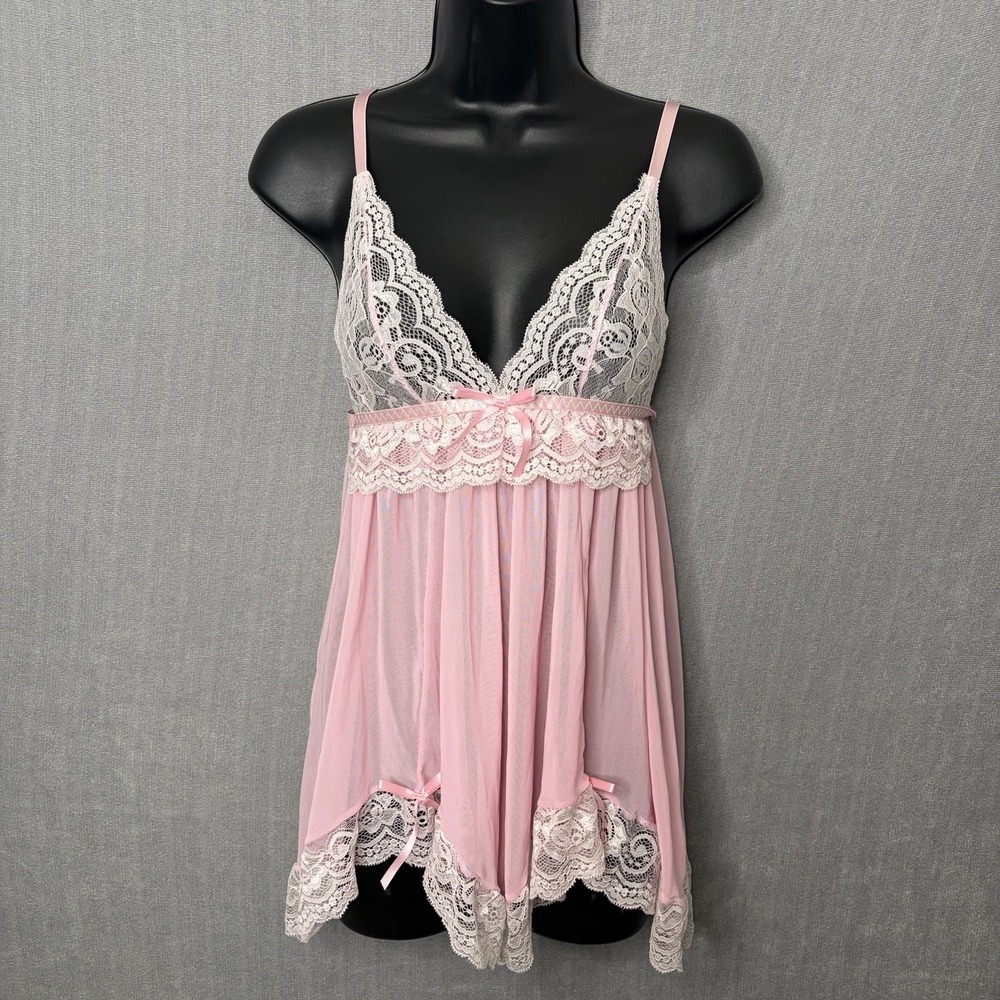 Womens Pink Lace Sheer Babydoll Kawaii Fairy Asymmetric Slip Bow Sz S Festival